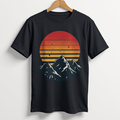 Black T-shirt featuring a mountain landscape print.